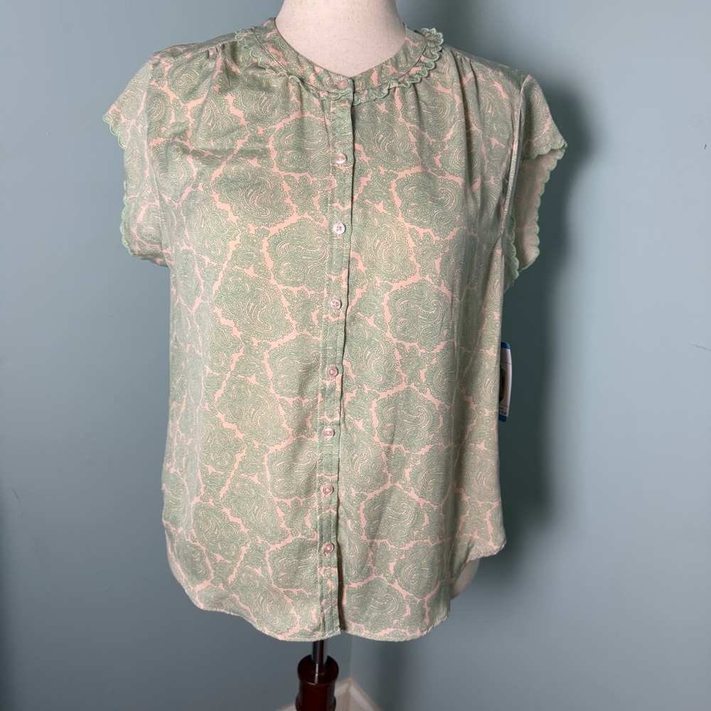 Joie Short Sleeved Scalloped Edge Top, Size L, Cream, Green, Pink NWT